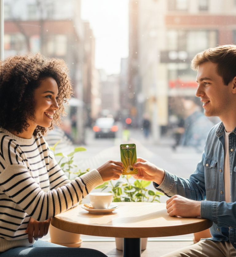 Younger couple sitting at coffee shop exchanging a BudLaced product as a gift.