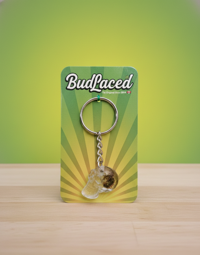 BudLaced product photo showing keychain and package sitting on wooden countertop with a green background.